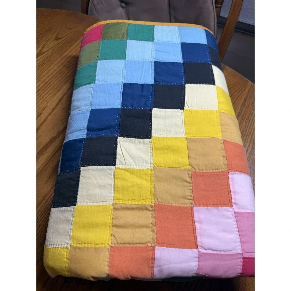 Vintage Diamond Trip Around The World Patchwork Quilt Handmade Rainbow